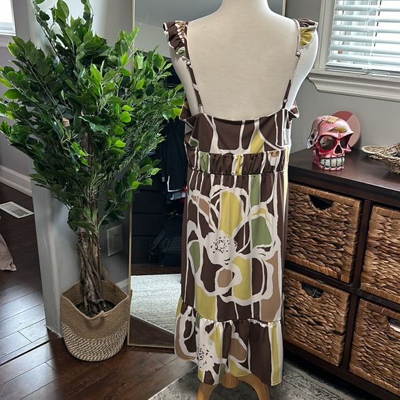 BCBG MaxAzria Brown Green Beige Ruffled Sleeveless Print Dress - Picture 4 of 7
